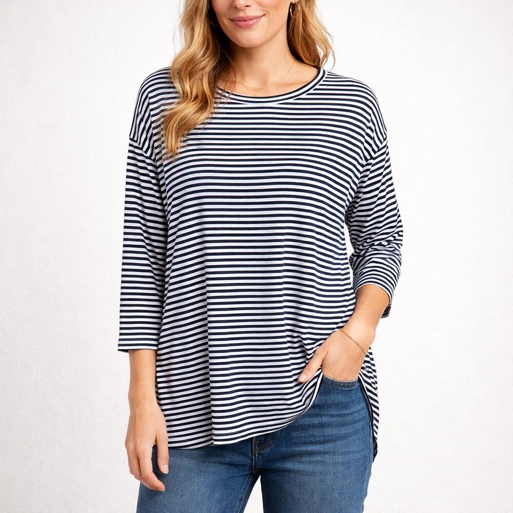 Chico's Black White Stripe Stretch Rayon Spandex Knit Top Blouse Size 2 Large